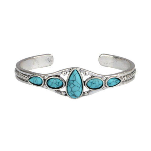 Bracelet turquoise goutte ouvert | or blanc