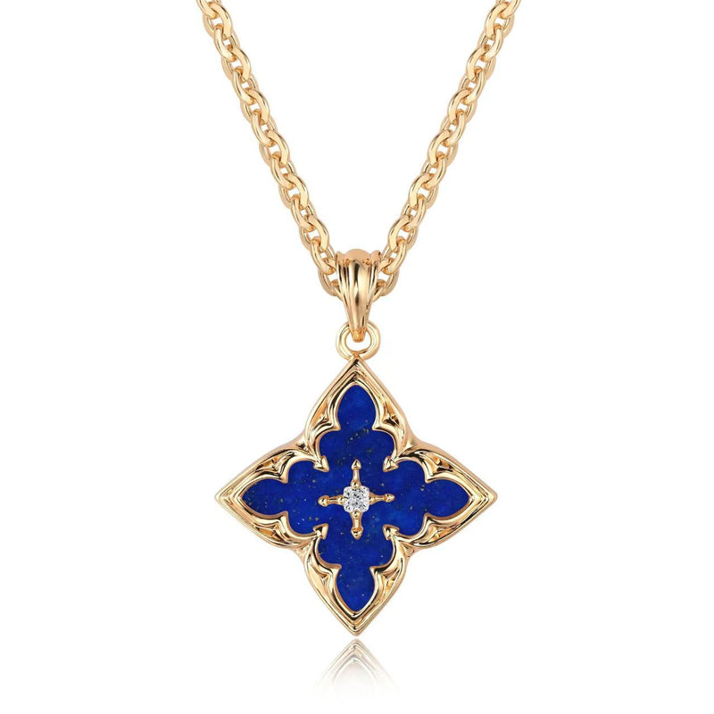 Collier bleu trèfle pendentif | or