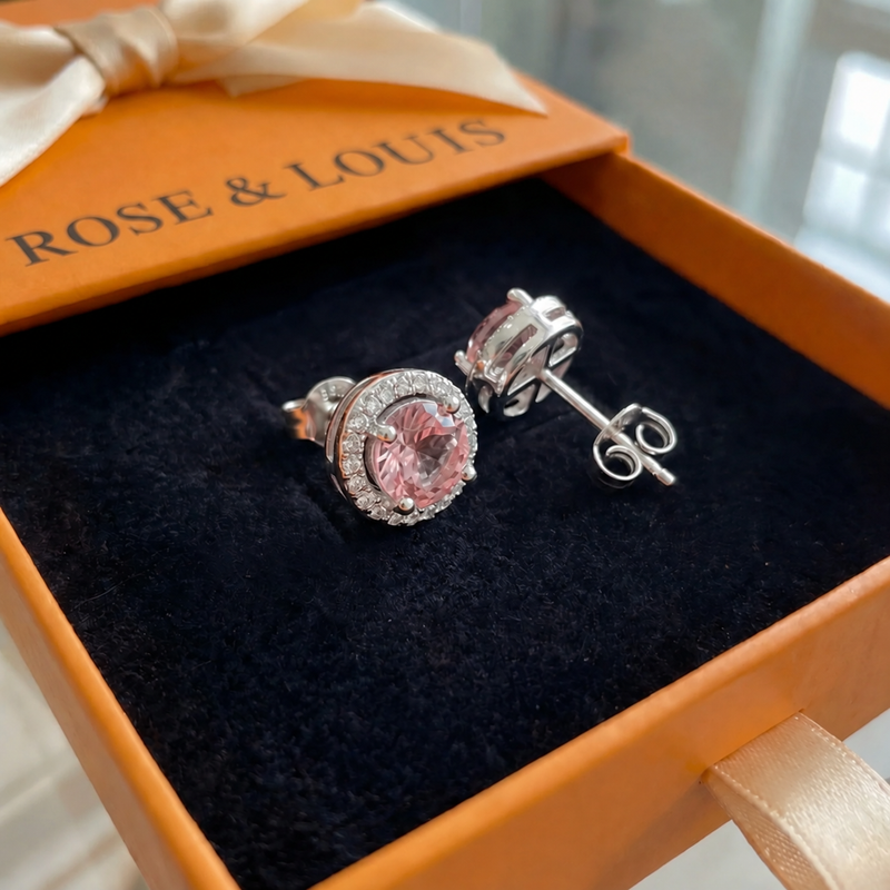 Puces rose rond pavé | or blanc