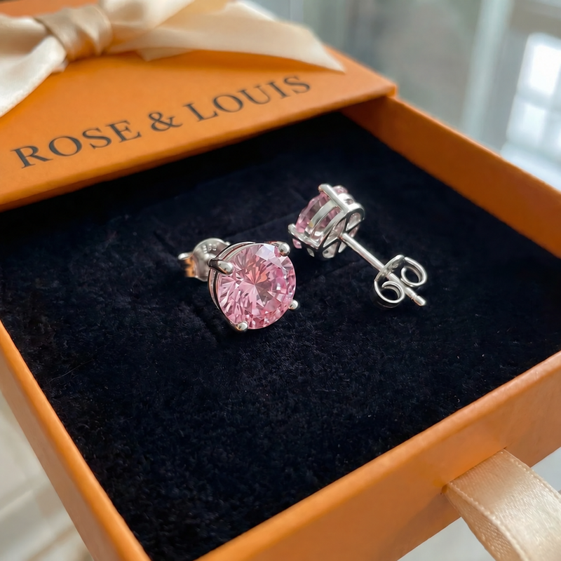 Puces saphir rose rond | or blanc